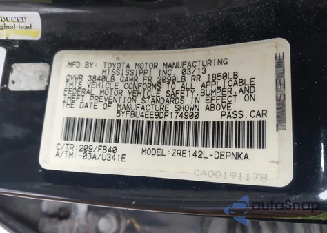 2013 Toyota Corolla Le z USA, uszkodzony, nr VIN 5YFBU4EE9DP174900